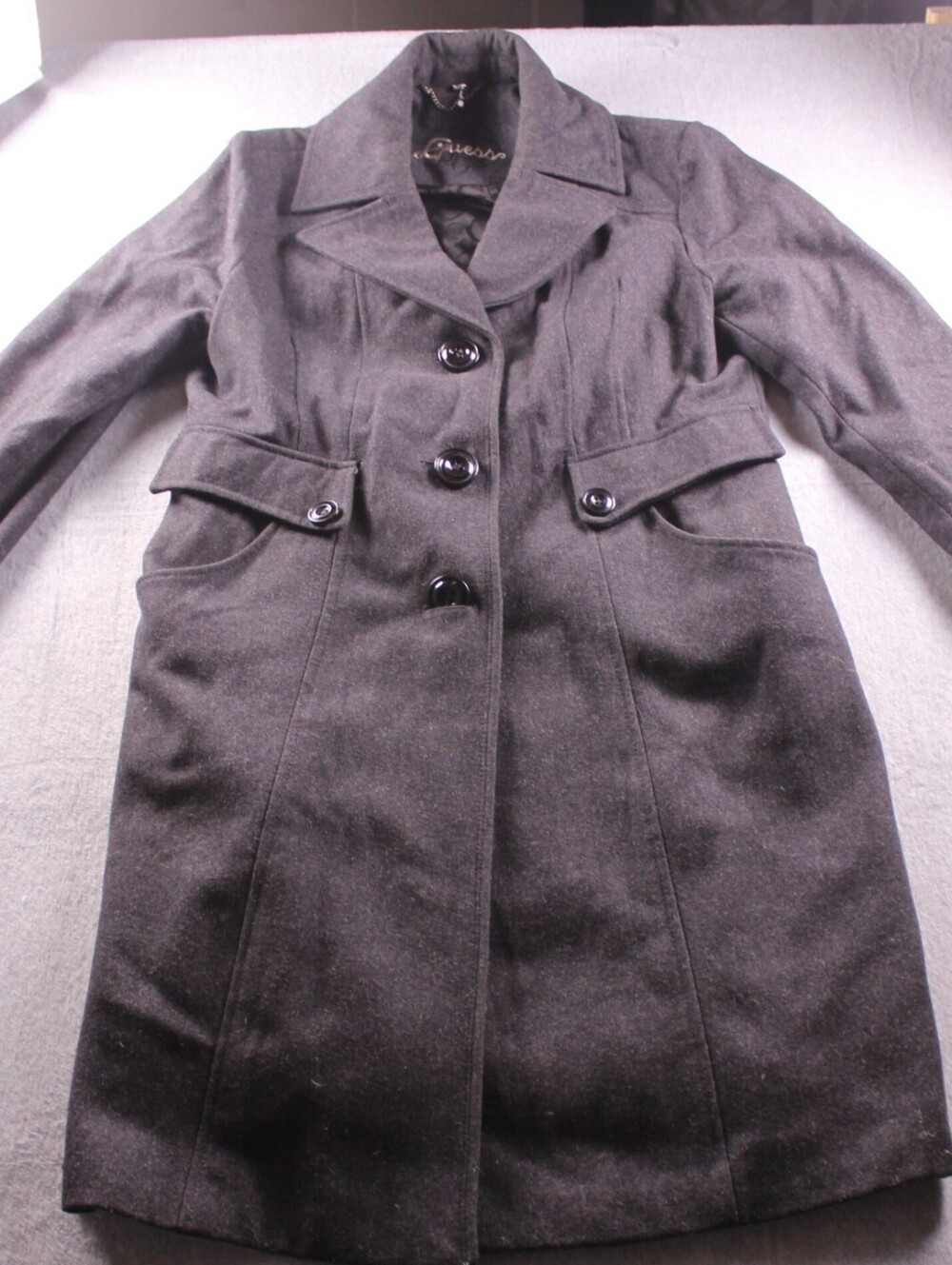 GUESS Wool Blend Trench Coat XL Dark Charcoal Gray Wide Lapel Vintage Y2K
